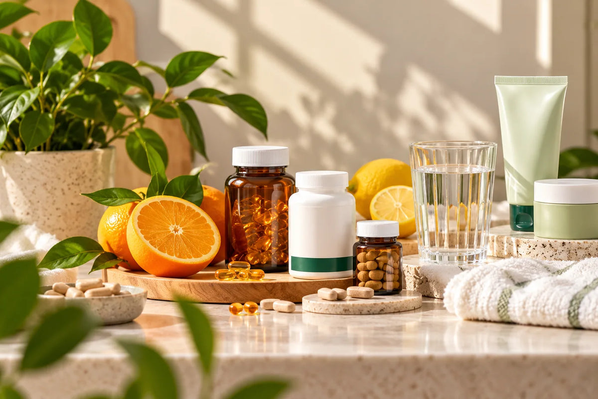 Vitamins and supplements with fresh oranges, lemons, water and personal care essentials in a sunlit wellness setting for Candor Sierra Leone