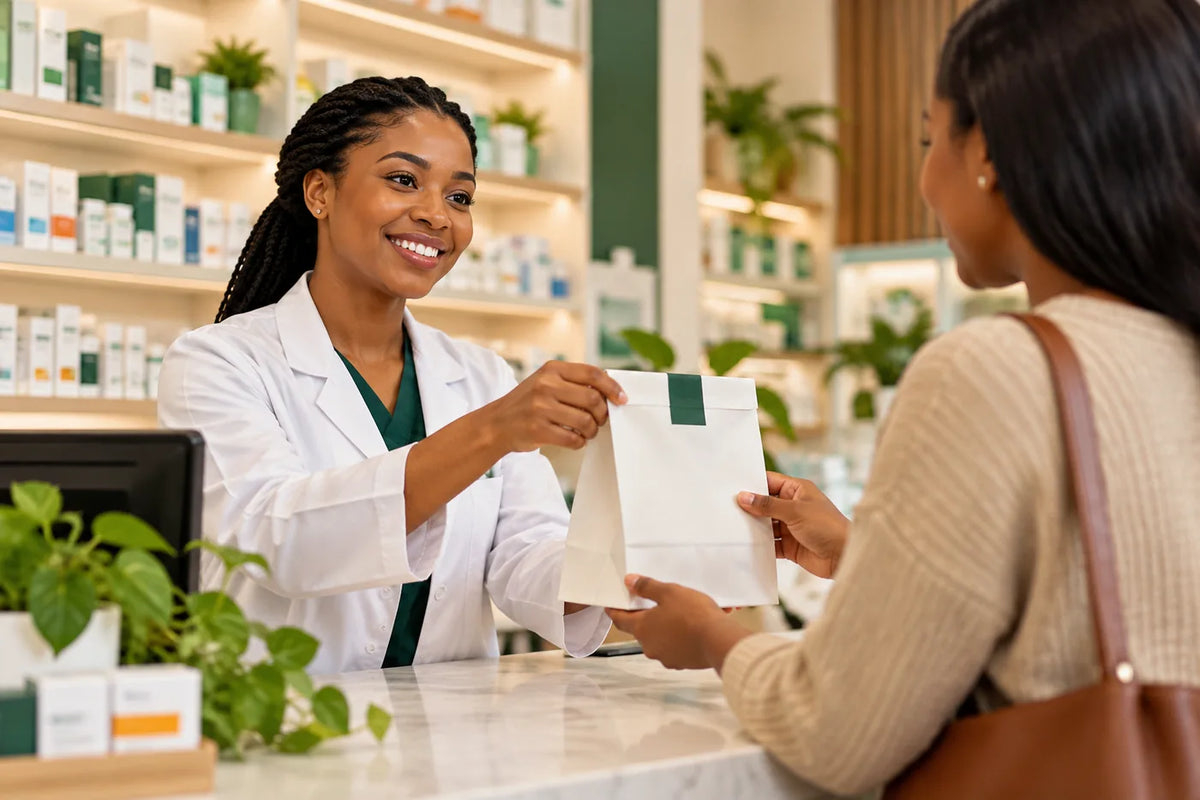 Friendly Black pharmacist handing a pharmacy care package to a customer at a modern pharmacy, representing Candor's personal healthcare service in Sierra Leone