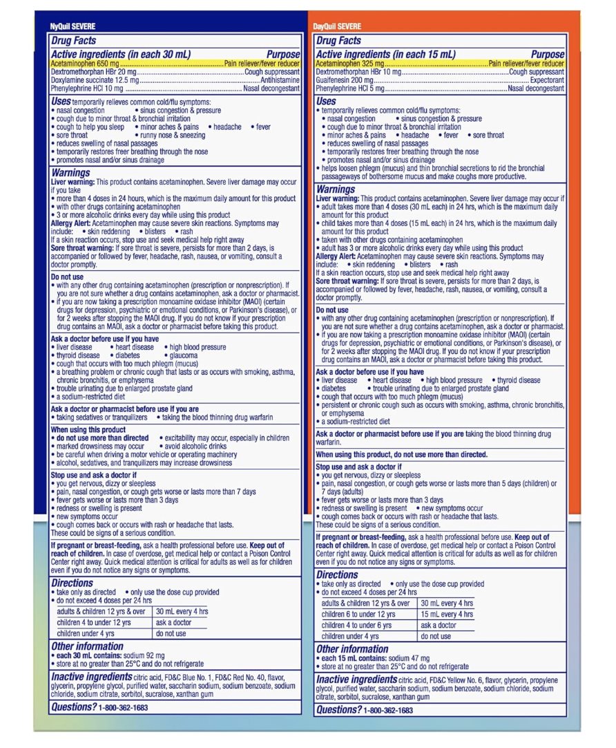 Vicks DayQuil and NyQuil Severe co-pack – Drug Facts panels