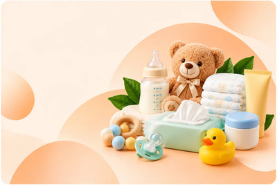 Baby and kids care essentials including diapers, feeding bottle, wipes, pacifier and baby lotion at Candor Sierra Leone