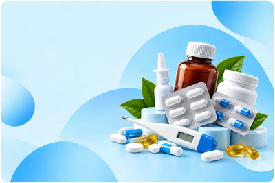 Medicines and treatments including medicine bottles, capsules, tablets, nasal spray and thermometer at Candor Sierra Leone
