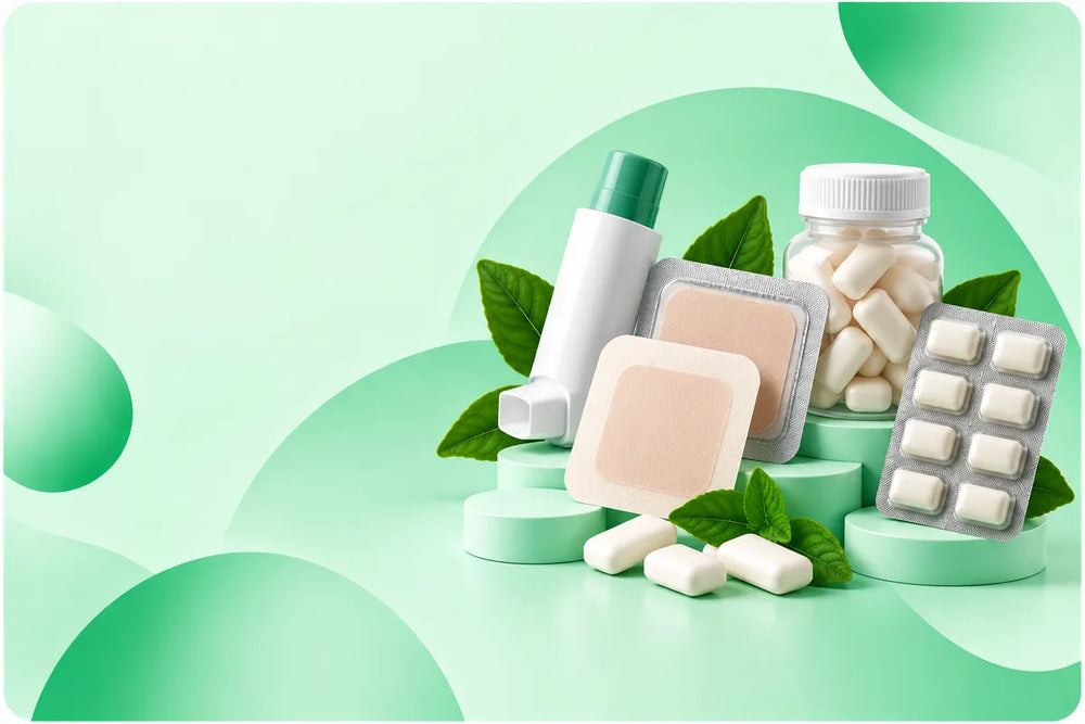Smoking cessation and wellness essentials featuring nicotine replacement patches, gum and inhaler-style aid at Candor Sierra Leone