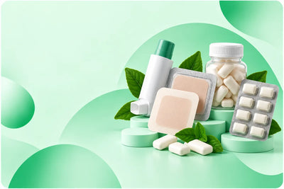 Smoking cessation and wellness essentials featuring nicotine replacement patches, gum and inhaler-style aid at Candor Sierra Leone