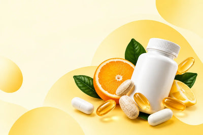 Vitamins and supplements at Candor Sierra Leone featuring vitamin bottle, capsules, softgels and citrus fruit