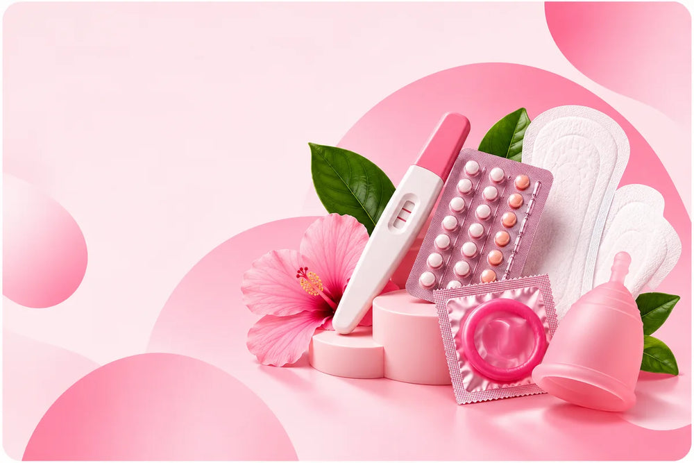 Women's health and family planning essentials featuring a pregnancy test, contraceptive pills, sanitary pads and menstrual care products at Candor Sierra Leone