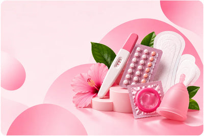 Women's health and family planning essentials featuring a pregnancy test, contraceptive pills, sanitary pads and menstrual care products at Candor Sierra Leone