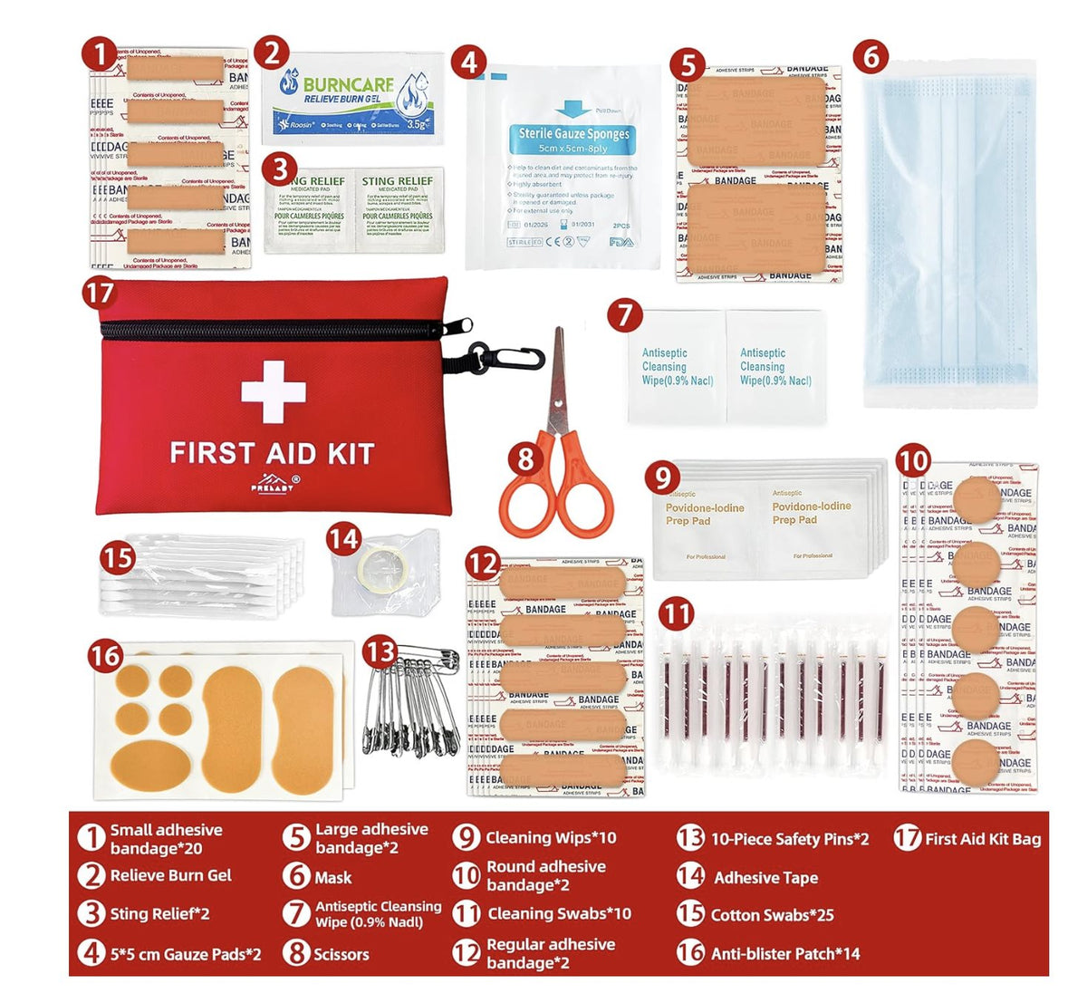 Contents of the 152-piece travel first aid kit