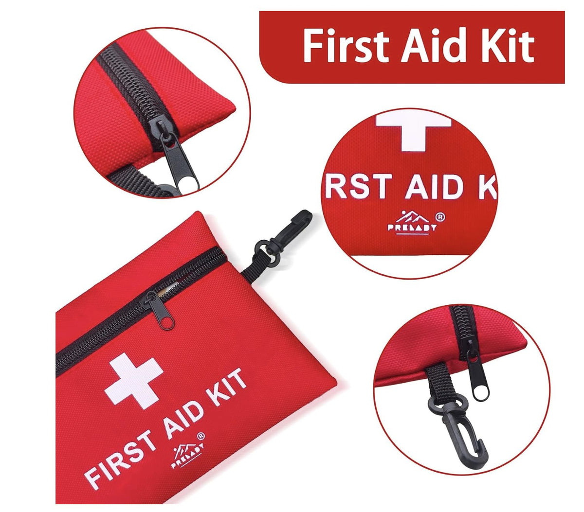 Red 152-piece travel first aid kit pouch detail views