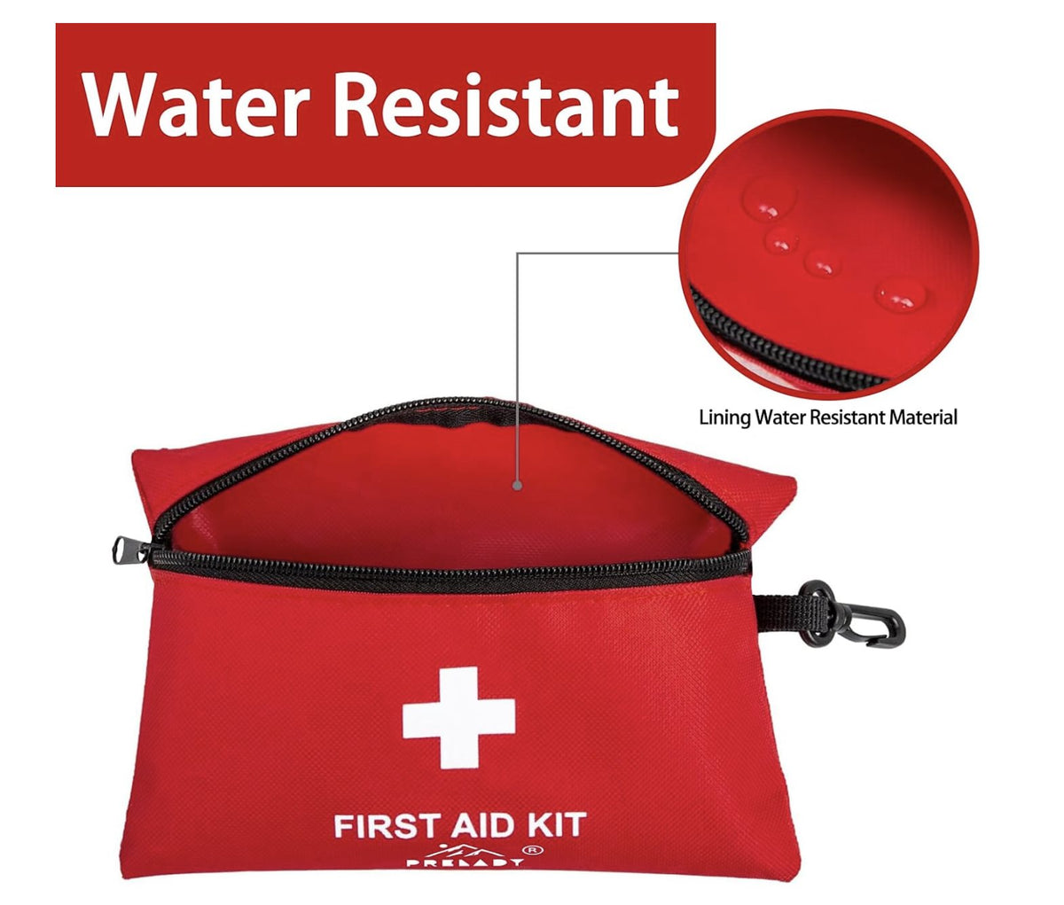 Red 152-piece first aid kit with water-resistant pouch