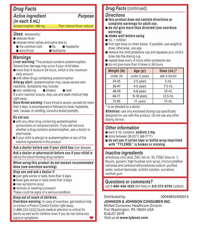 Children's Tylenol oral suspension – Drug Facts panel
