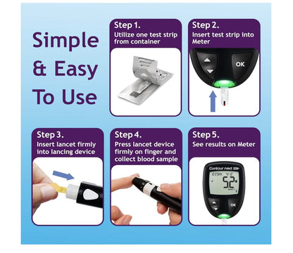 Illustrated steps for using Contour Next blood glucose test strips