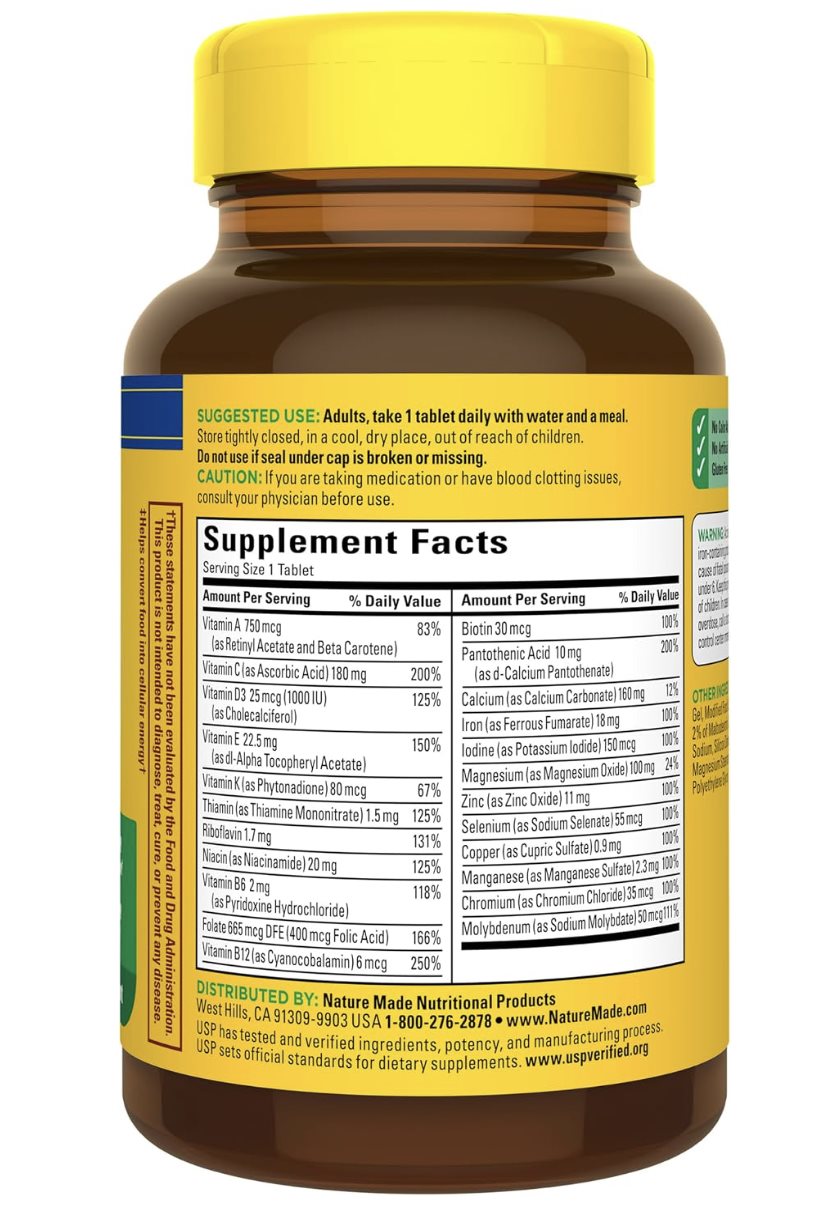 Nature Made multivitamin tablets with iron – Supplement Facts label