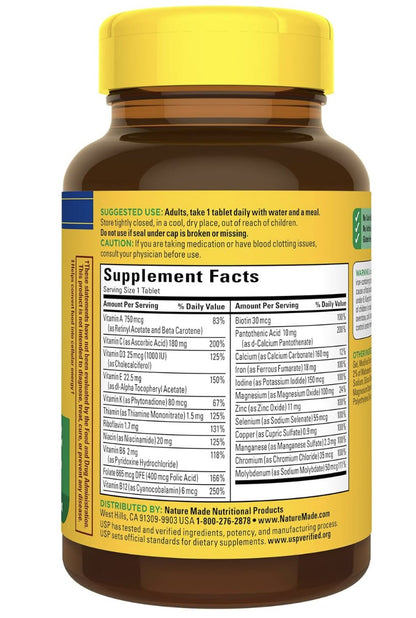 Nature Made multivitamin tablets with iron – Supplement Facts label