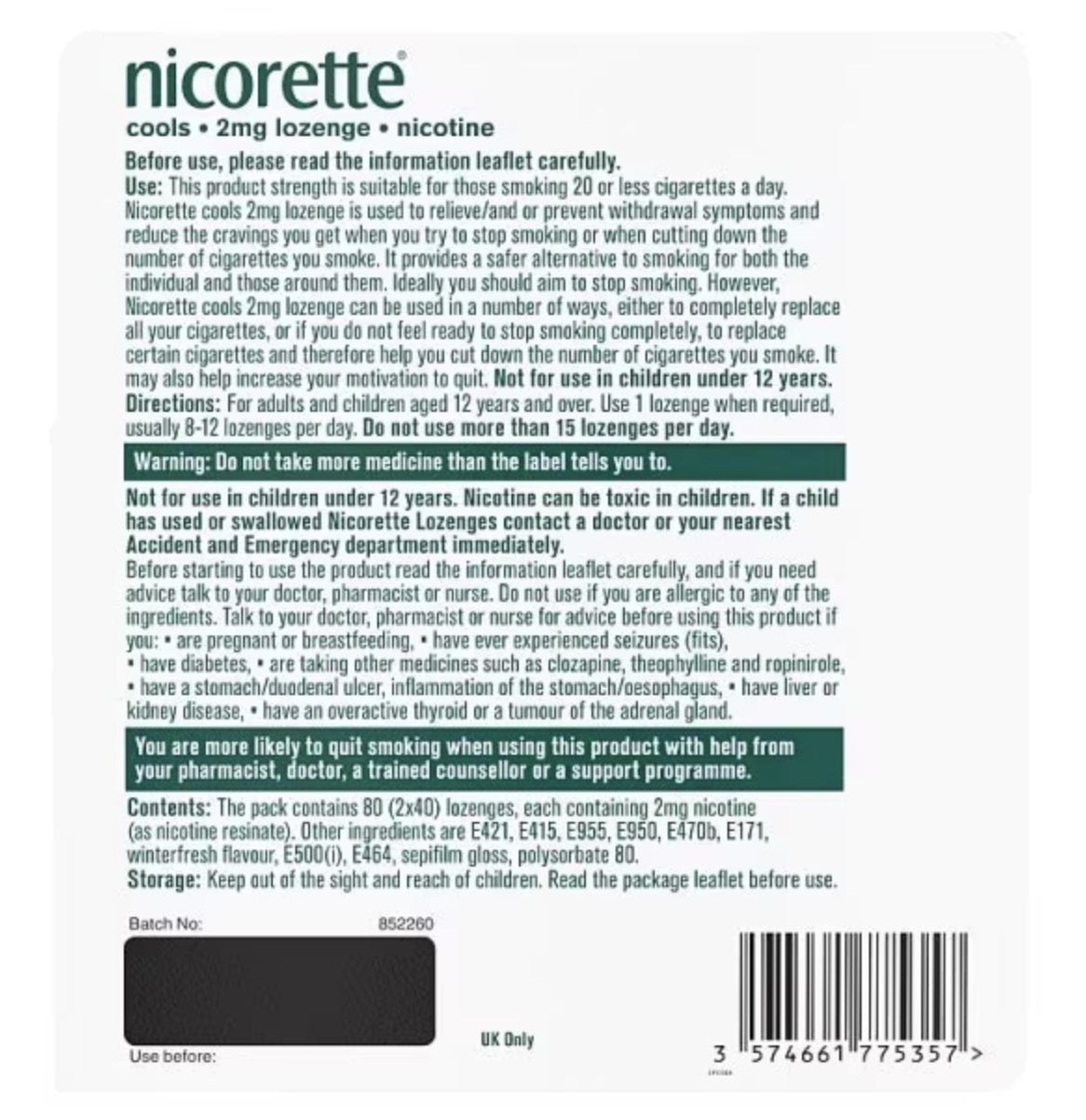 Nicorette Lozenge Mint back
