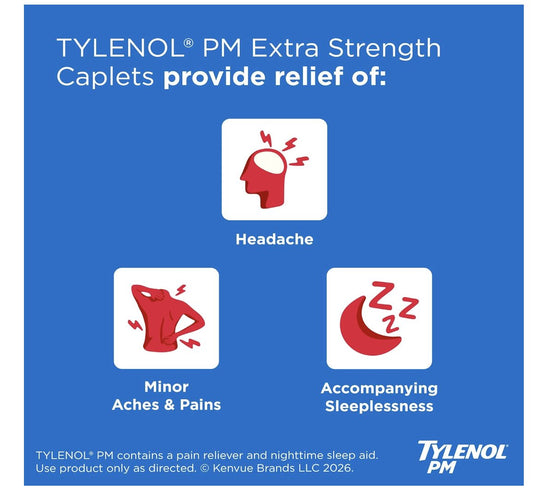 Tylenol PM Extra Strength – nighttime product information graphic